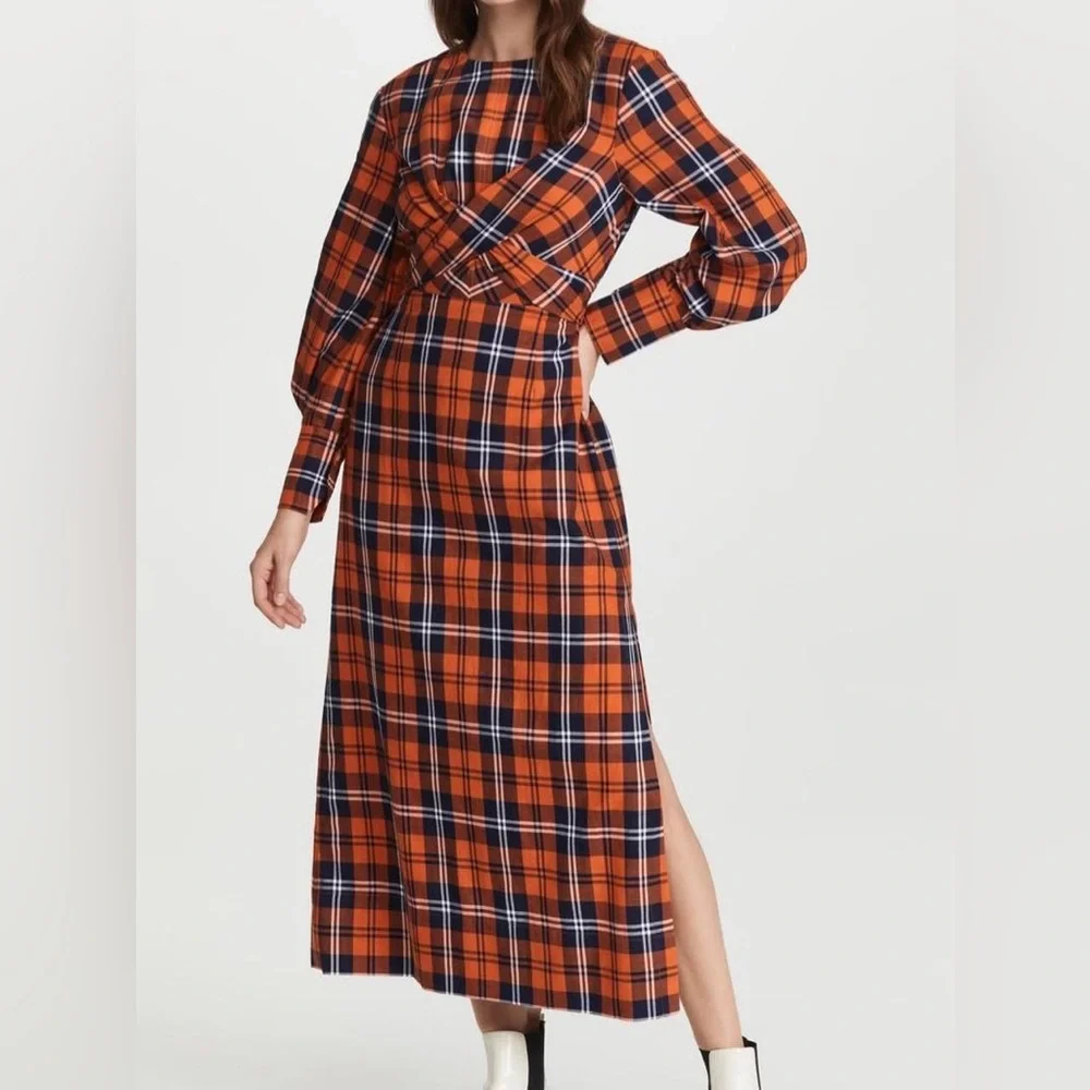 Staud Crosshill Dress in Poppy Plaid Orange Blue White - Picture 7 of 7